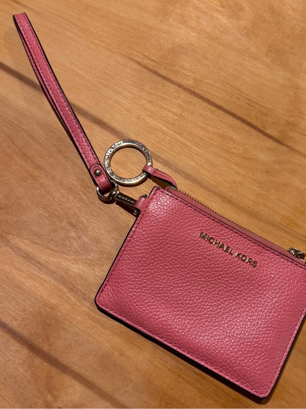Michael Kors Rose Pink Pebbled Leather Wristlet Card Case with Gold Hardware